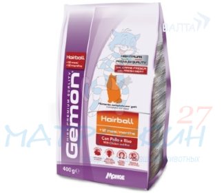 Gemon Cat Hairball корм для выведение шерсти для взрослых кошек с курицей и рисом 400 г