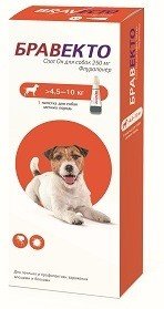 Intervet Бравекто капли спот-он от блох и клещей для собак  4,5-10 кг 250 мг